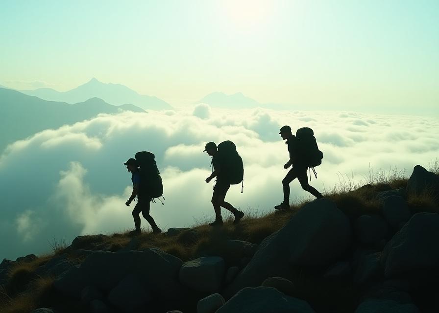 Backpackers traversing high peaks in the Adirondacks