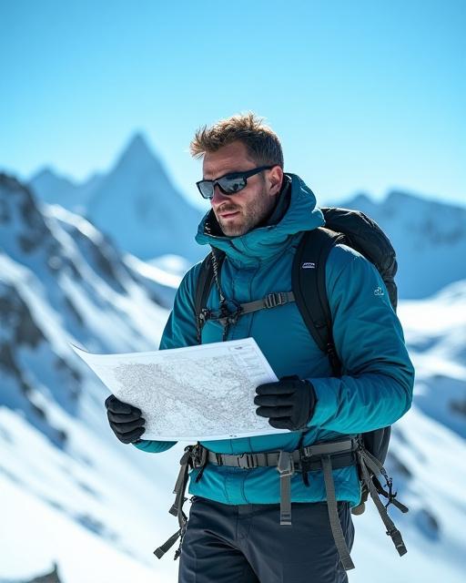 Mountaineer checking map in high alpine environment