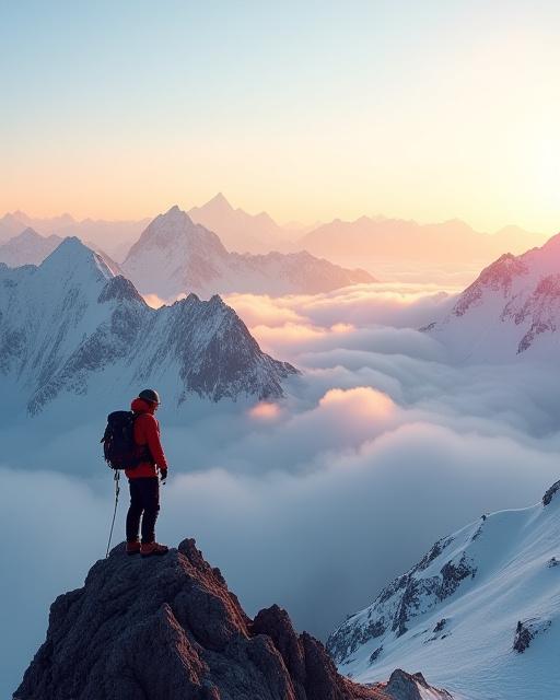 Alpinist looking over a vast mountain range at sunrise