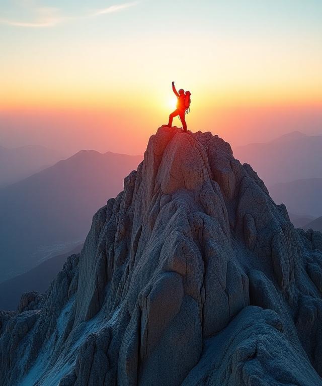 Mountain climber reaching a peak at sunrise