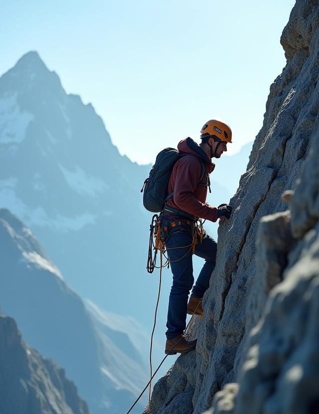 Mountain climber reaching a granite peak at sunrise