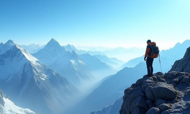 Climber looking at mountain range